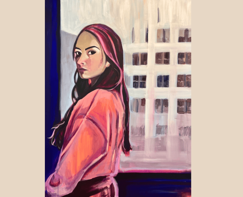 A painting by Monique Ford, featuring a pink-haired girl near a window staring at the viewer.